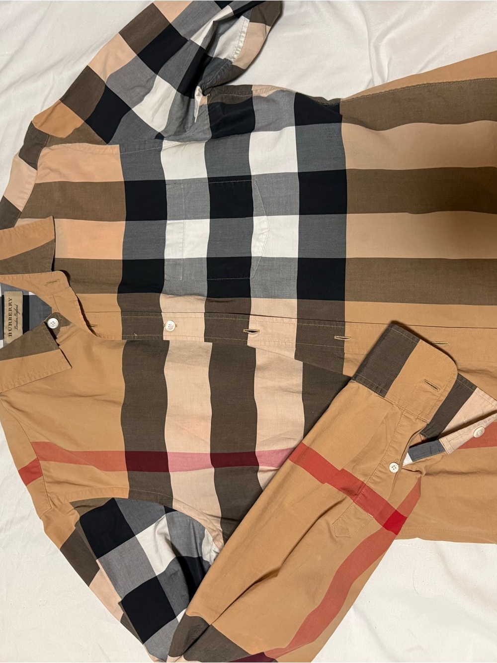 Burberry Beige Plaid Button-Down Shirt with Black and Red Accents
